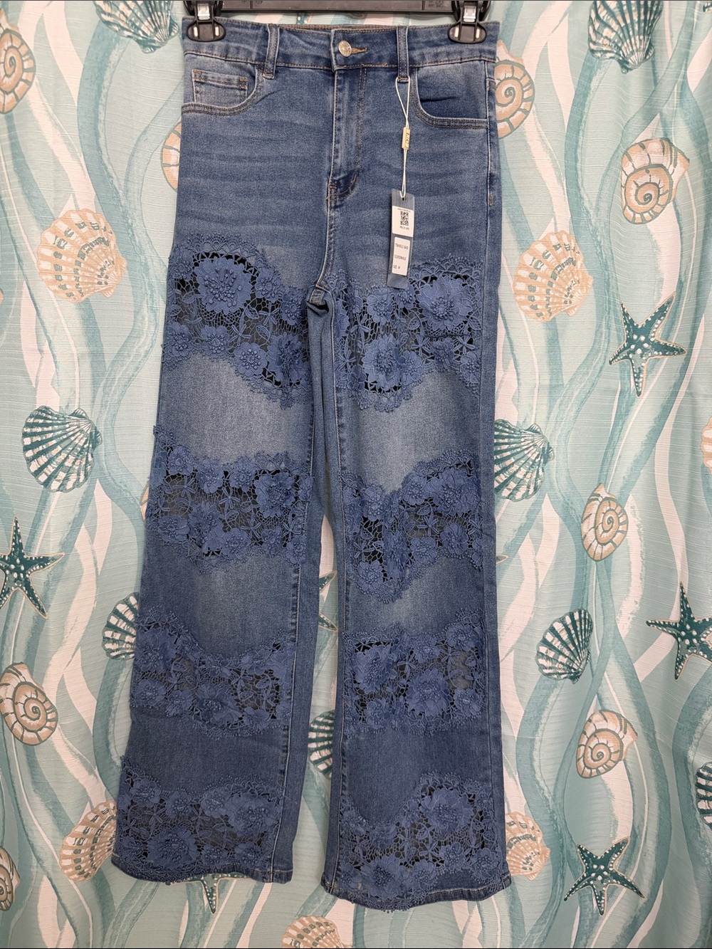 Embellished Blue Lace-Panel Wide Leg Jeans